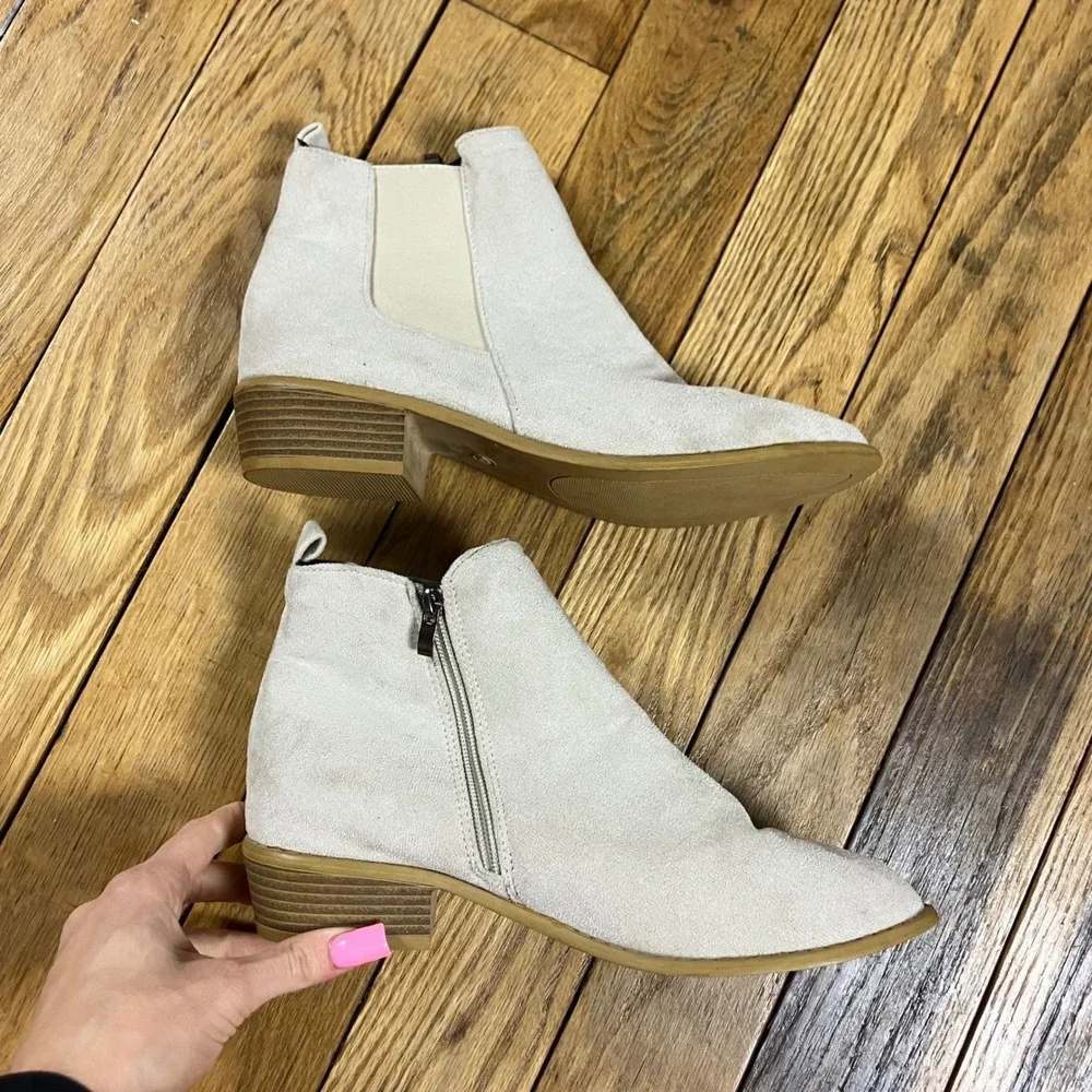 Beige Suede Ankle Boots‎ Side Zip Elastic Chelsea Block Heel Size 42